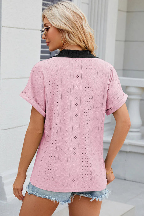V-neck contrasting short sleeved loose T-shirt top for women - V.I.P Digital Presence