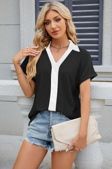 V-neck contrasting short sleeved loose T-shirt top for women - V.I.P Digital Presence