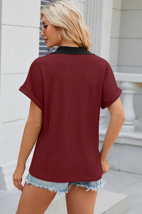 V-neck contrasting short sleeved loose T-shirt top for women - V.I.P Digital Presence