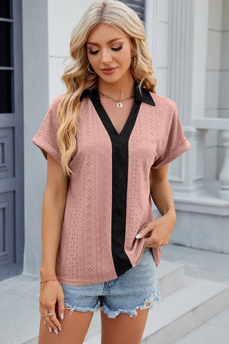 V-neck contrasting short sleeved loose T-shirt top for women - V.I.P Digital Presence