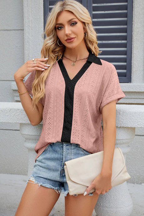 V-neck contrasting short sleeved loose T-shirt top for women - V.I.P Digital Presence
