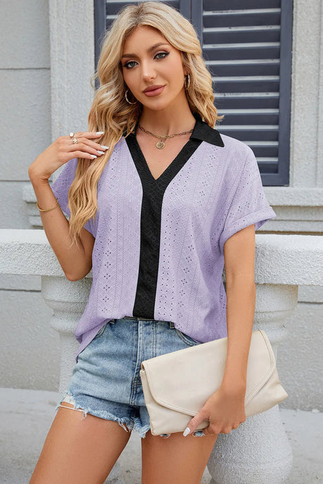 V-neck contrasting short sleeved loose T-shirt top for women - V.I.P Digital Presence