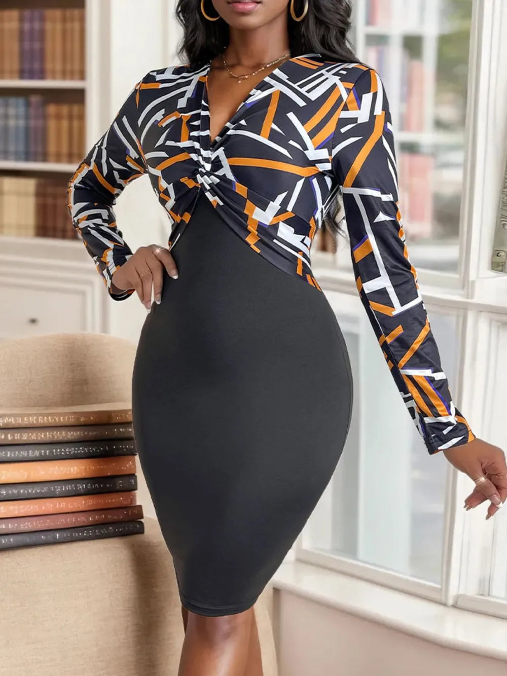 V-neck high waist slim fit hip hugging skirt geometric long sleeved women's dress - V.I.P Digital Presence