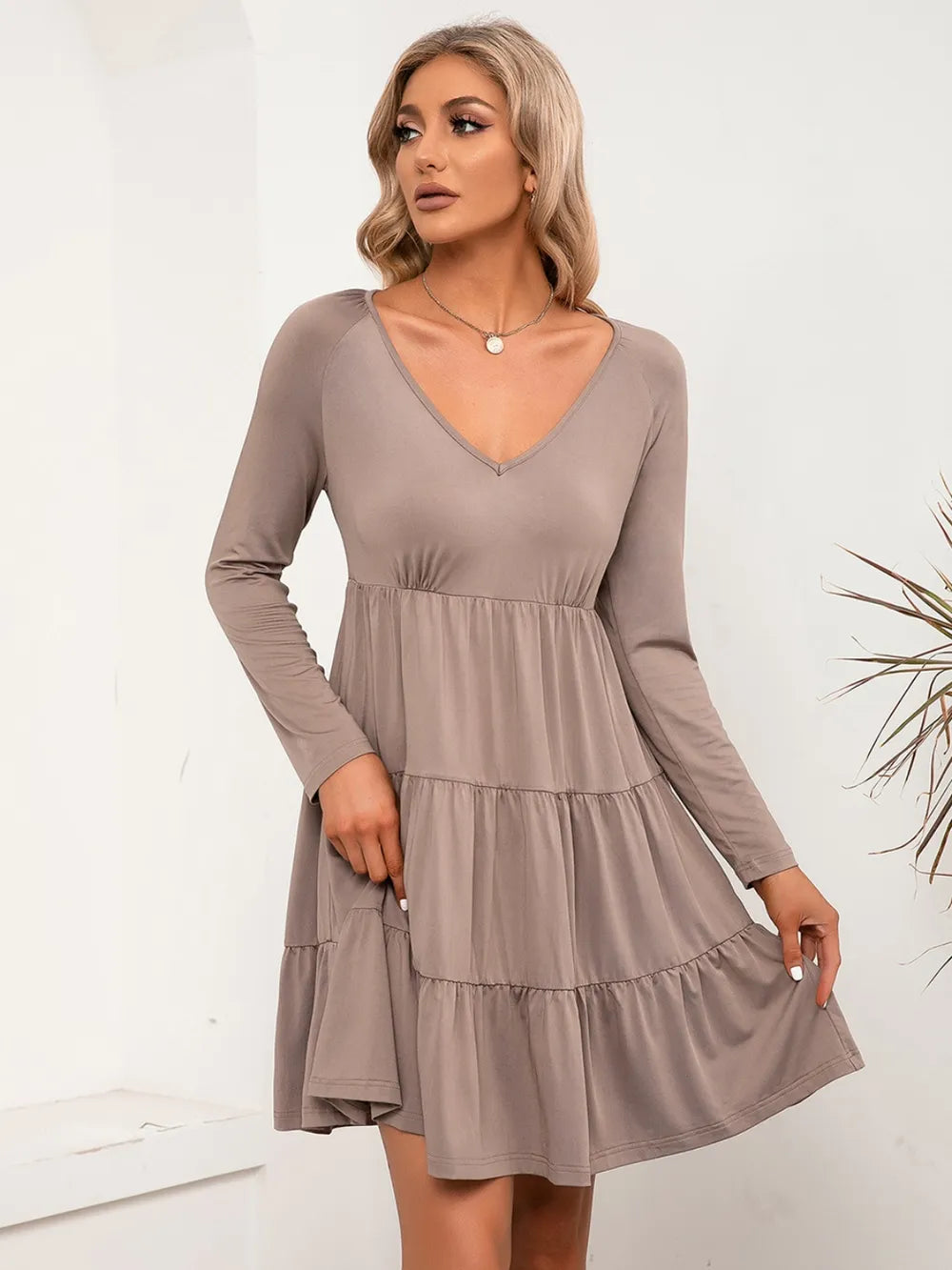 V-Neck Long Sleeve Tiered Dress - V.I.P Digital Presence