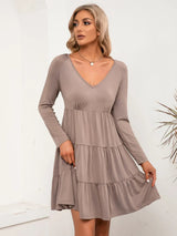V-Neck Long Sleeve Tiered Dress - V.I.P Digital Presence