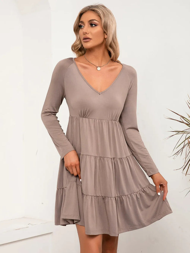 V-Neck Long Sleeve Tiered Dress - V.I.P Digital Presence