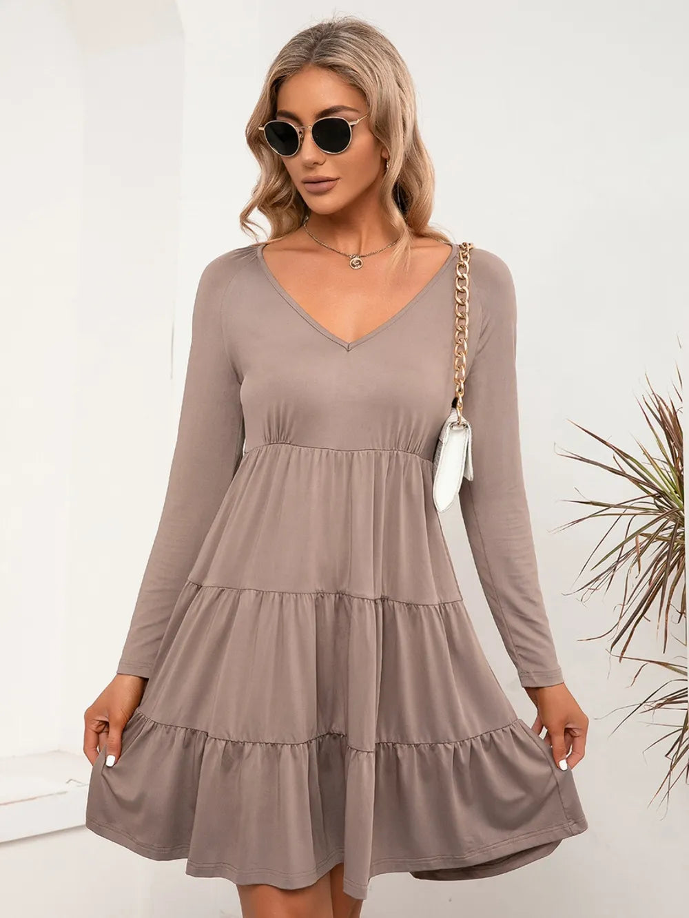V-Neck Long Sleeve Tiered Dress - V.I.P Digital Presence