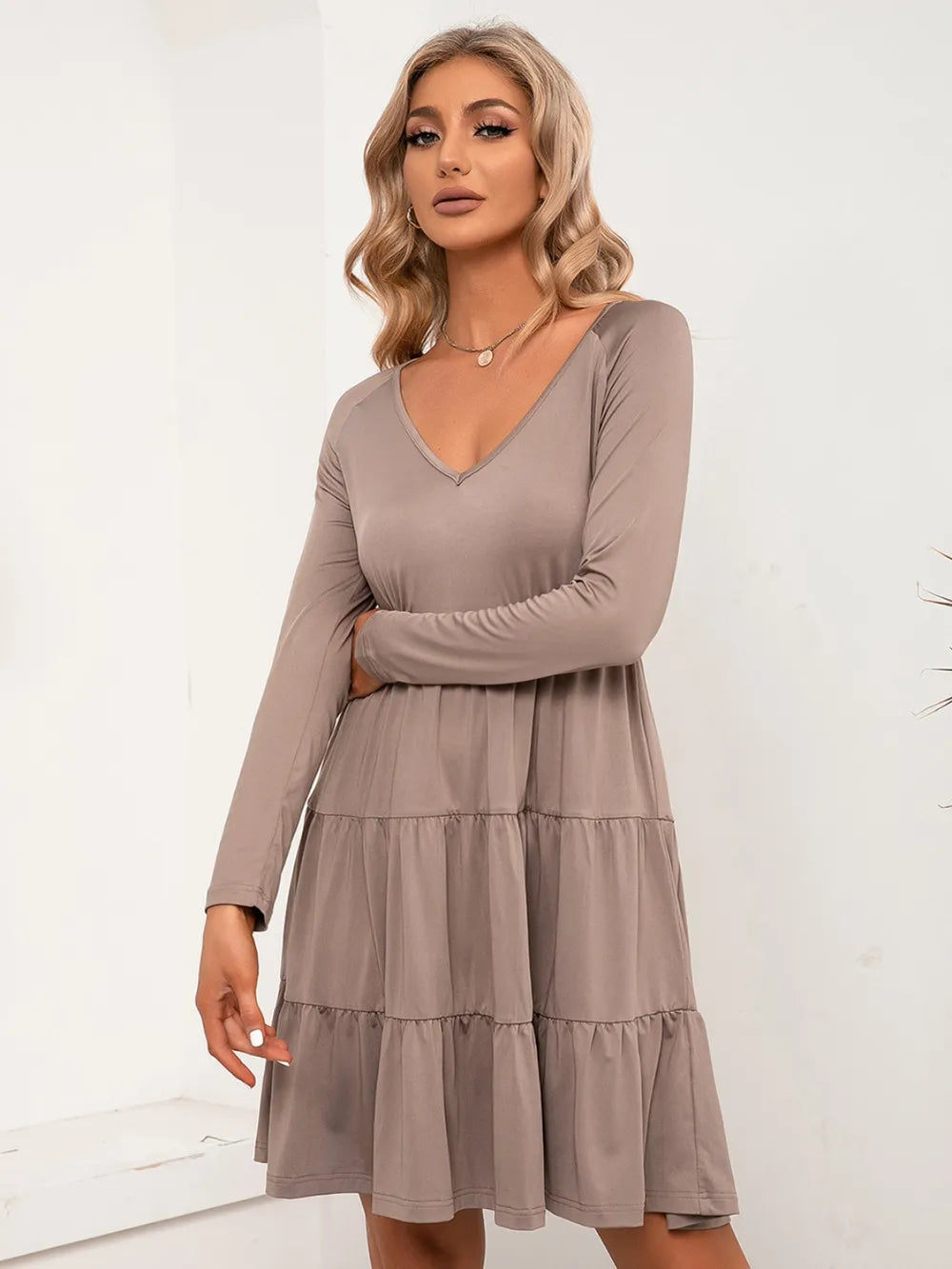 V-Neck Long Sleeve Tiered Dress - V.I.P Digital Presence