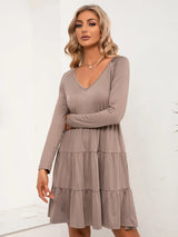 V-Neck Long Sleeve Tiered Dress - V.I.P Digital Presence