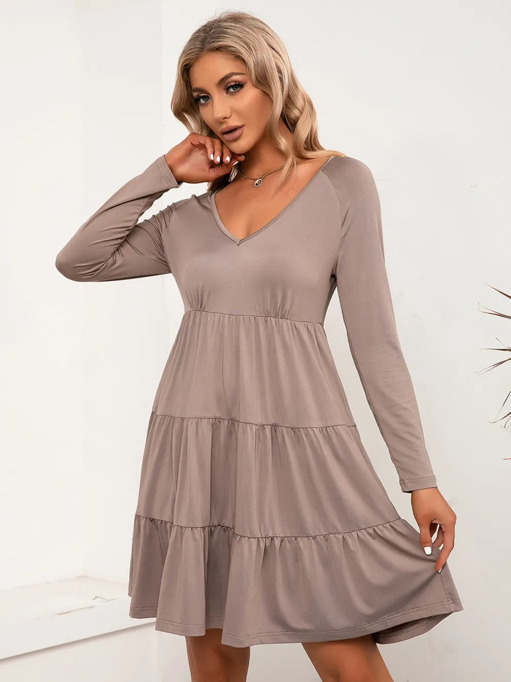 V-Neck Long Sleeve Tiered Dress - V.I.P Digital Presence