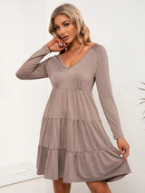 V-Neck Long Sleeve Tiered Dress - V.I.P Digital Presence