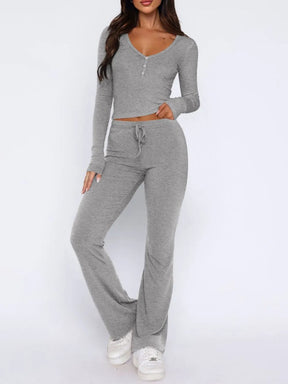 V-Neck Long Sleeve Top and Pants Set - V.I.P Digital Presence