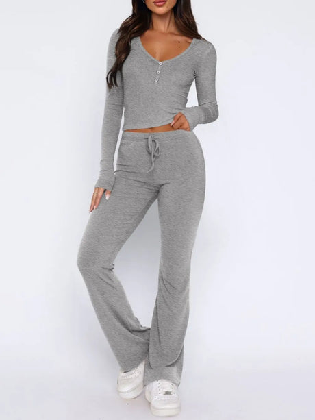 V-Neck Long Sleeve Top and Pants Set - V.I.P Digital Presence