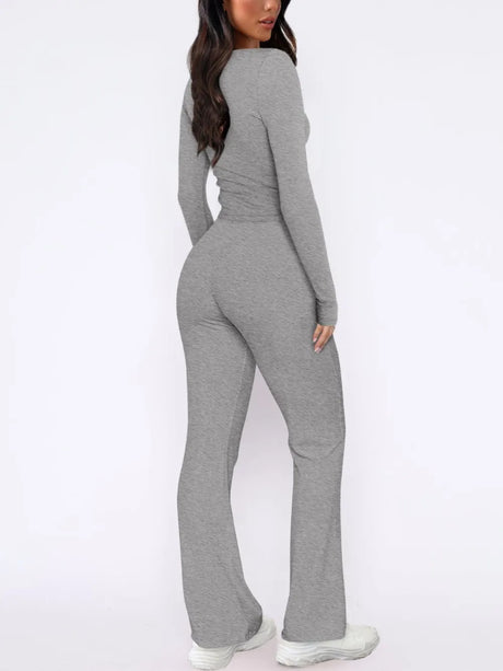 V-Neck Long Sleeve Top and Pants Set - V.I.P Digital Presence