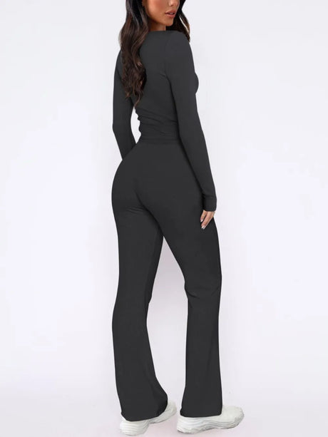 V-Neck Long Sleeve Top and Pants Set - V.I.P Digital Presence