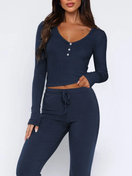 V-Neck Long Sleeve Top and Pants Set - V.I.P Digital Presence