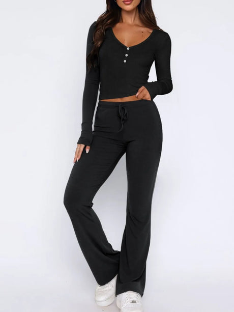 V-Neck Long Sleeve Top and Pants Set - V.I.P Digital Presence