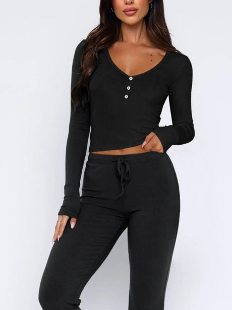V-Neck Long Sleeve Top and Pants Set - V.I.P Digital Presence