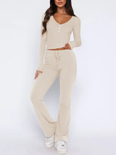 V-Neck Long Sleeve Top and Pants Set - V.I.P Digital Presence