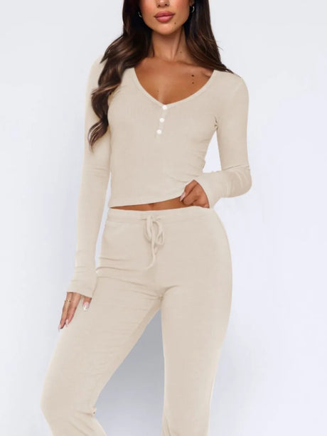 V-Neck Long Sleeve Top and Pants Set - V.I.P Digital Presence