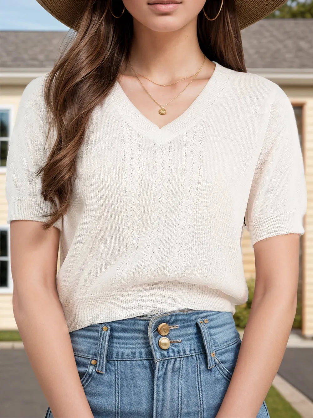 V-Neck Short Sleeve Knit Top - V.I.P Digital Presence