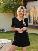V-Neck Short Sleeve Top and Pocketed Shorts Lounge Set - V.I.P Digital Presence