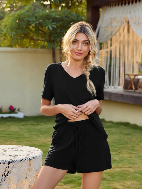 V-Neck Short Sleeve Top and Pocketed Shorts Lounge Set - V.I.P Digital Presence