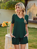 V-Neck Short Sleeve Top and Pocketed Shorts Lounge Set - V.I.P Digital Presence