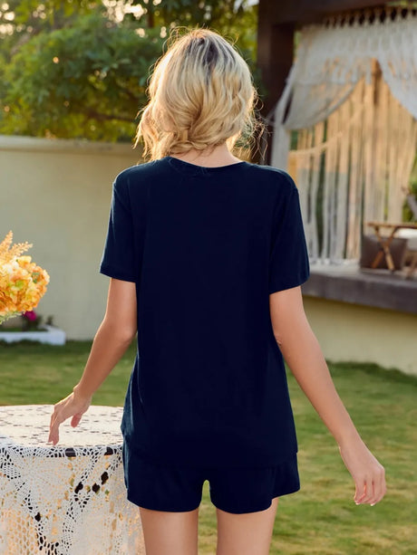 V-Neck Short Sleeve Top and Pocketed Shorts Lounge Set - V.I.P Digital Presence