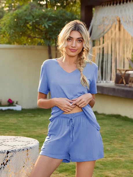 V-Neck Short Sleeve Top and Pocketed Shorts Lounge Set - V.I.P Digital Presence