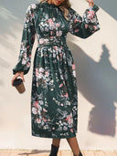 Vintage printed elegant high waisted dress with long sleeves and stand up collar women's long skirt - V.I.P Digital Presence