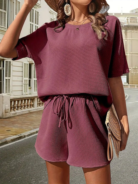 Waffle-Knit Half Sleeve Top and Shorts Set - V.I.P Digital Presence