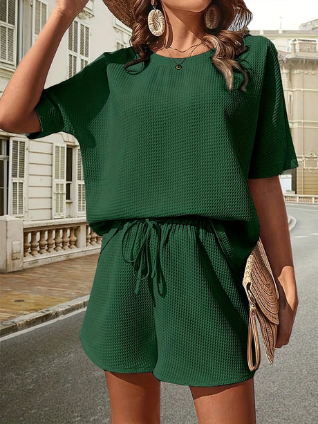 Waffle-Knit Half Sleeve Top and Shorts Set - V.I.P Digital Presence