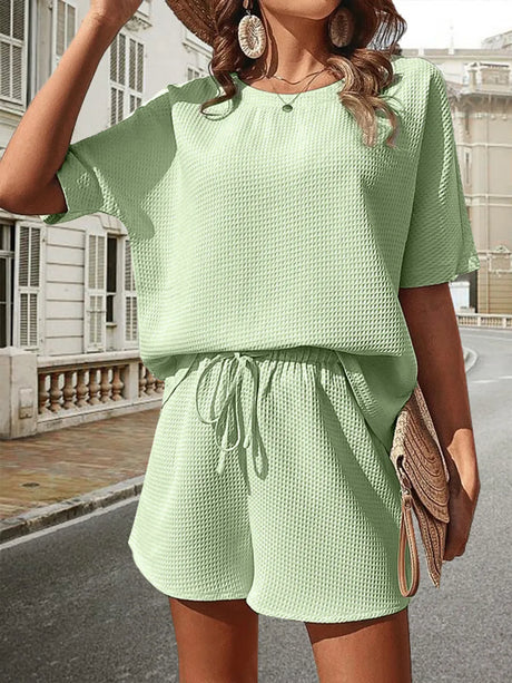 Waffle-Knit Half Sleeve Top and Shorts Set - V.I.P Digital Presence