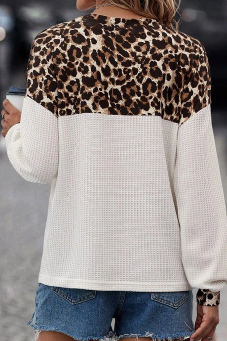 Waffle-Knit Leopard V-Neck Long Sleeve Blouse - V.I.P Digital Presence