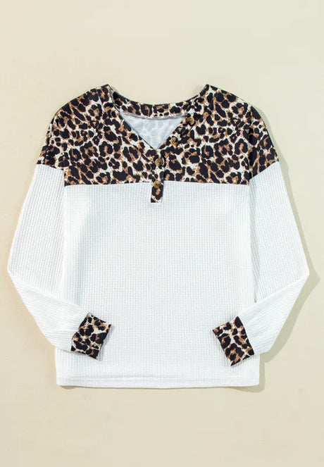 Waffle-Knit Leopard V-Neck Long Sleeve Blouse - V.I.P Digital Presence