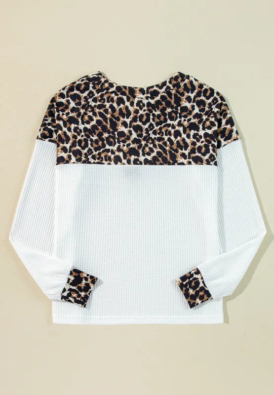 Waffle-Knit Leopard V-Neck Long Sleeve Blouse - V.I.P Digital Presence