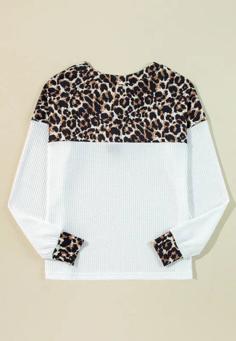 Waffle-Knit Leopard V-Neck Long Sleeve Blouse - V.I.P Digital Presence