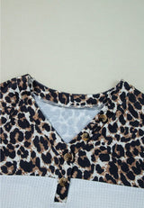 Waffle-Knit Leopard V-Neck Long Sleeve Blouse - V.I.P Digital Presence