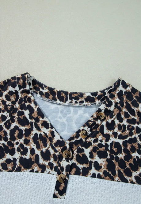 Waffle-Knit Leopard V-Neck Long Sleeve Blouse - V.I.P Digital Presence