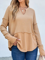Waffle-Knit Notched Long Sleeve T-Shirt - V.I.P Digital Presence