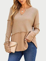 Waffle-Knit Notched Long Sleeve T-Shirt - V.I.P Digital Presence