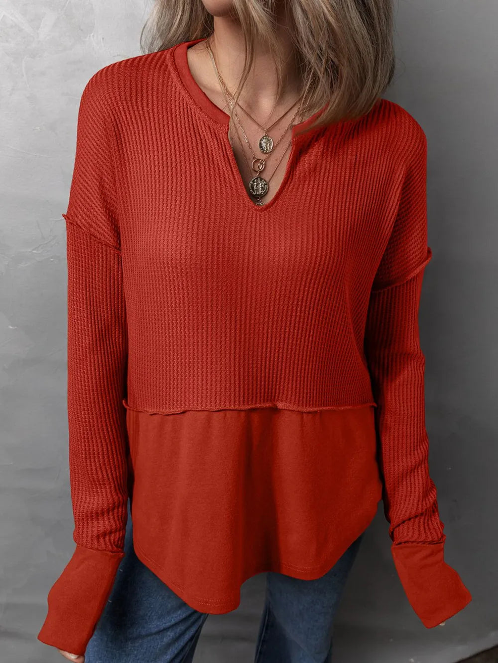 Waffle-Knit Notched Long Sleeve T-Shirt - V.I.P Digital Presence