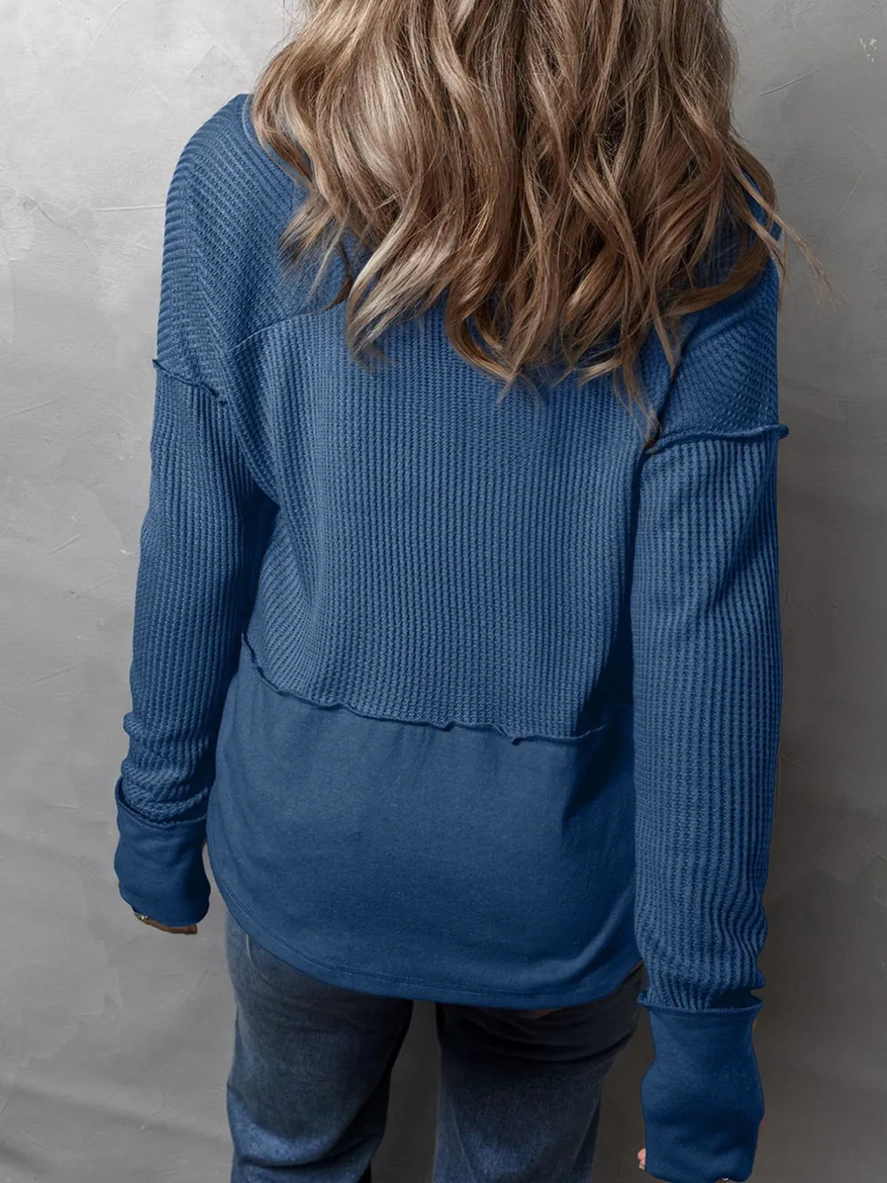 Waffle-Knit Notched Long Sleeve T-Shirt - V.I.P Digital Presence