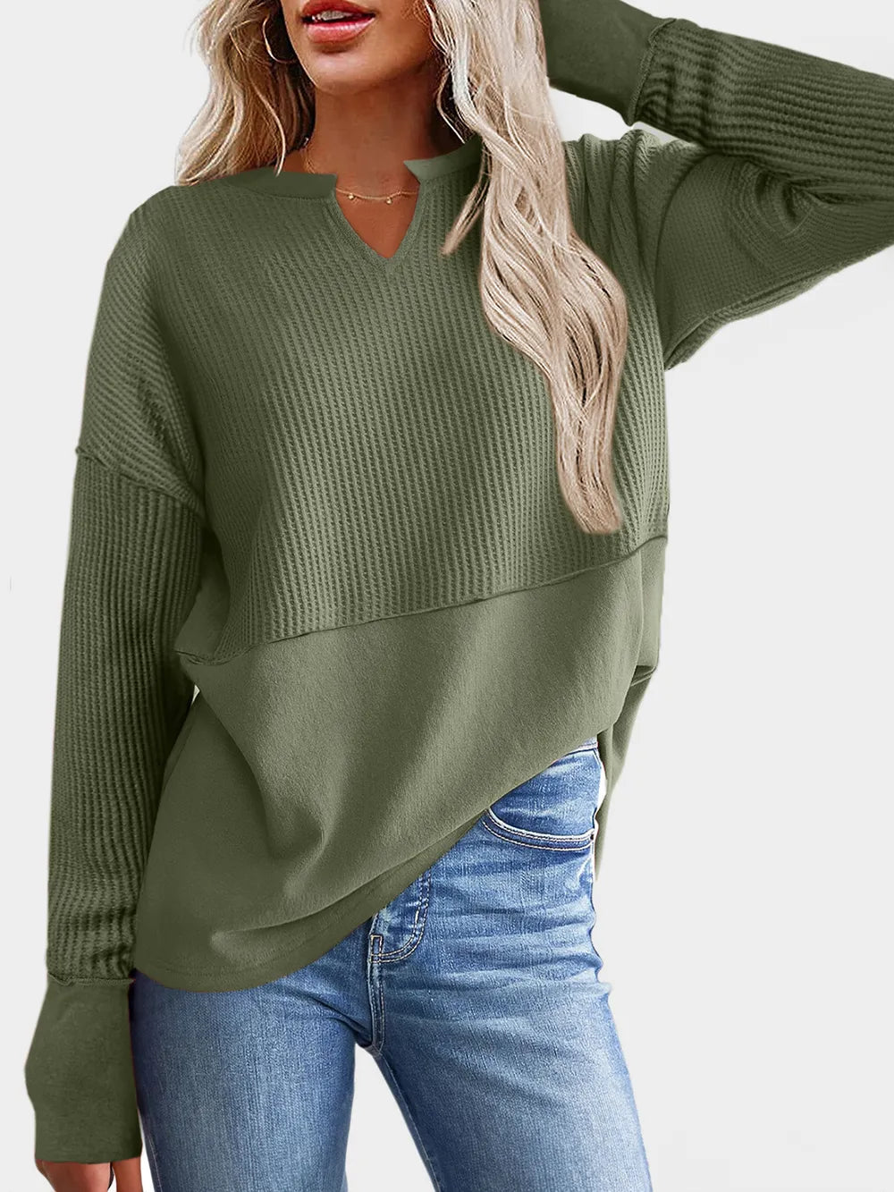 Waffle-Knit Notched Long Sleeve T-Shirt - V.I.P Digital Presence