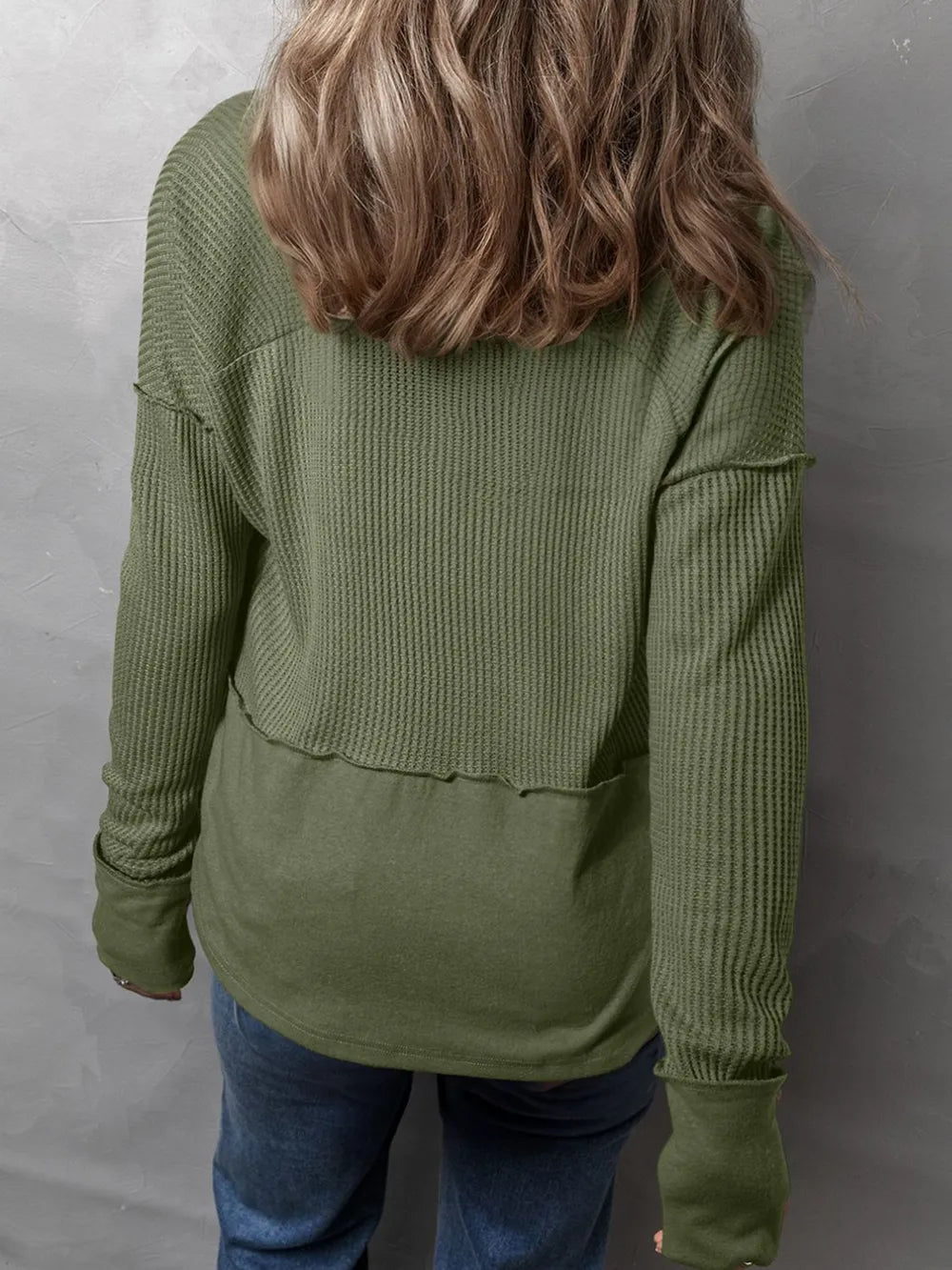 Waffle-Knit Notched Long Sleeve T-Shirt - V.I.P Digital Presence