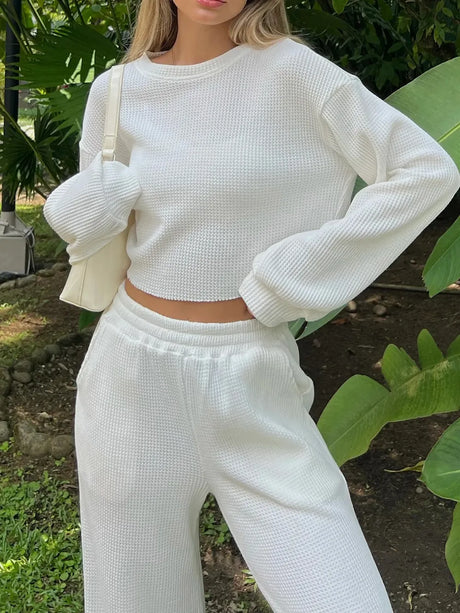 Waffle-Knit Round Neck Top and Pants Set - V.I.P Digital Presence