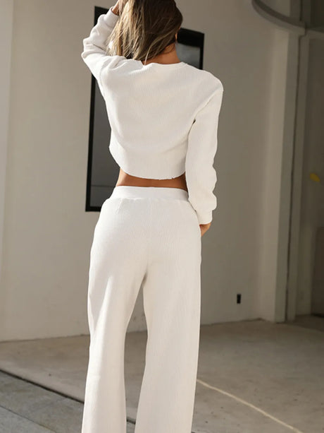Waffle-Knit Round Neck Top and Pants Set - V.I.P Digital Presence