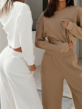 Waffle-Knit Round Neck Top and Pants Set - V.I.P Digital Presence