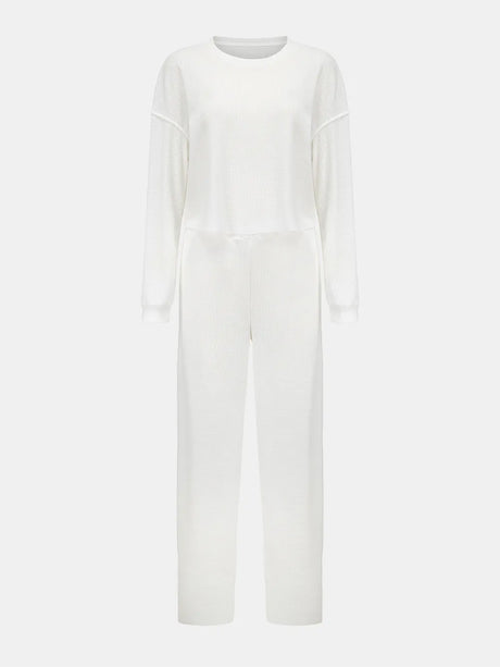 Waffle-Knit Round Neck Top and Pants Set - V.I.P Digital Presence